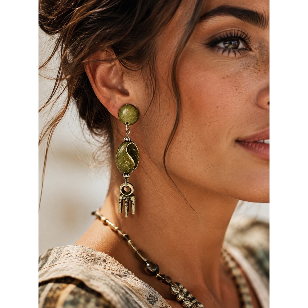 Boho Green Dangle Earrings Long Resin Statement Earrings Festival Jewelry